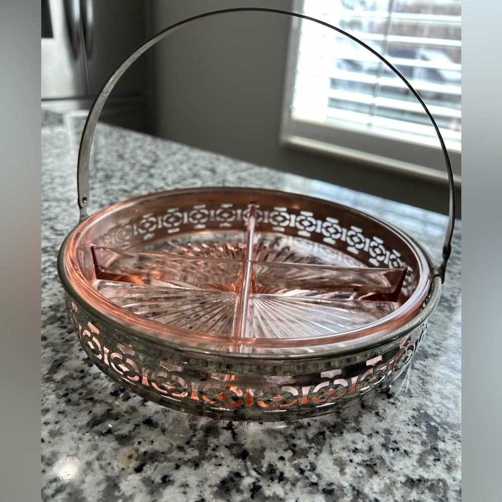 Vintage 1930s Divided Relish Tray Pink Depression Glass with metal holder